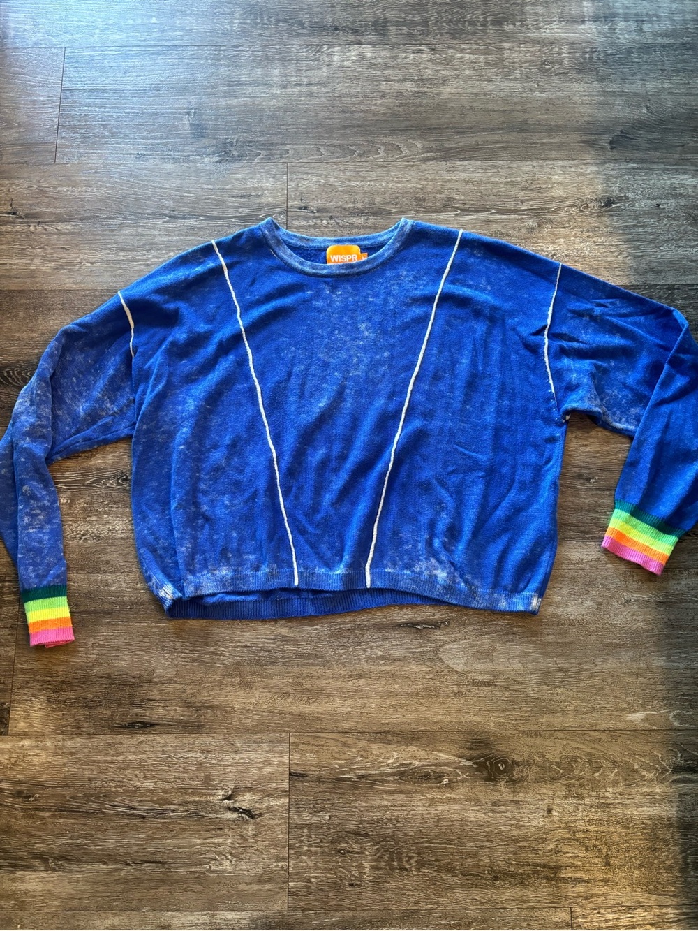 Wiser distressed Blue Crewneck Sweater with Rainbow Stripe Cuffs